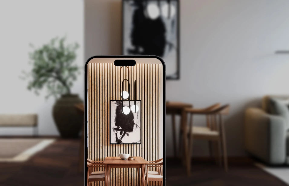 Cell phone shows visualization of acoustic panels on a wall - link to the Visualizer for planning the wall cladding.